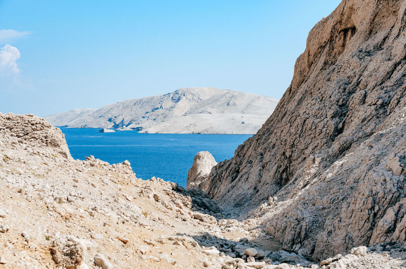 Spectacular view of bay surrounded by rocky coastline on pag island in croatia.