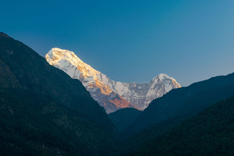 Scenic view of snowcapped mountains against blue sky