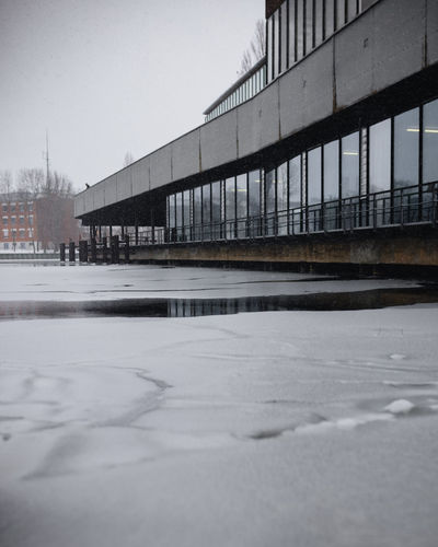 Surface level of snow covered building against sky