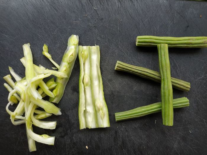 High angle view of chopped vegetables on table
