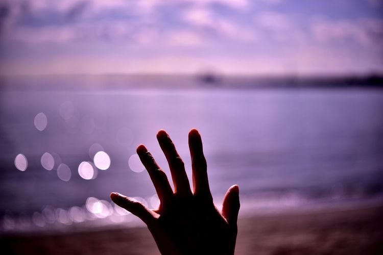 Silhouette person hand against sea at sunset