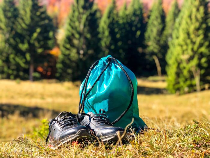 Hiking boots and blue backpack with forest in the background on a sunny day