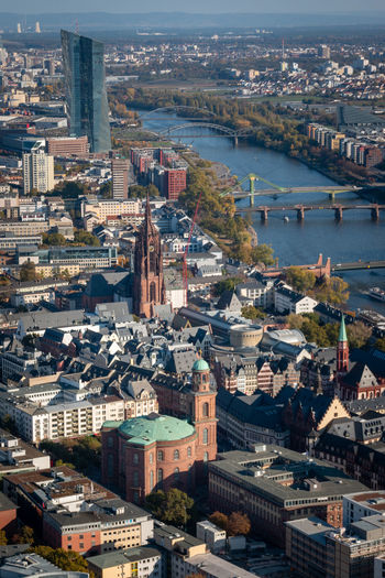 High angle cityscape of frankfurt am main with st. pauls church and european central bank 