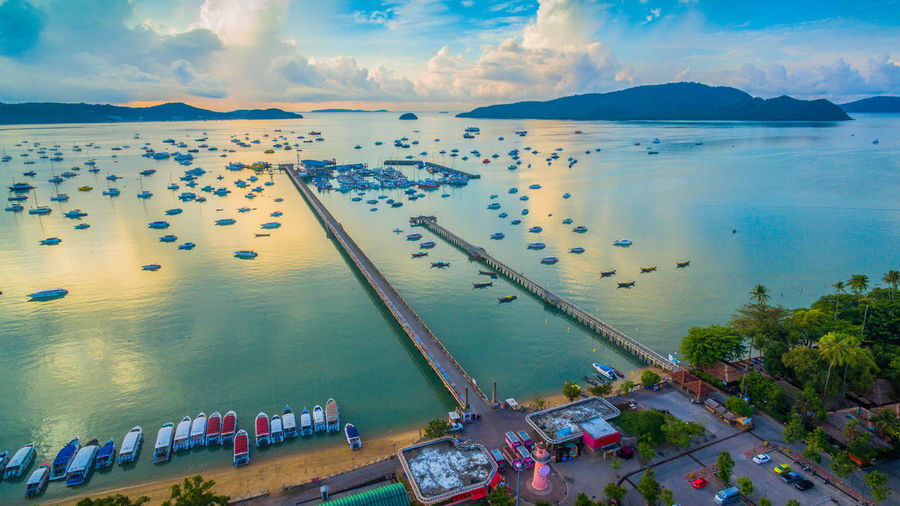 Aerial view of sea against cloudy sky during sunset