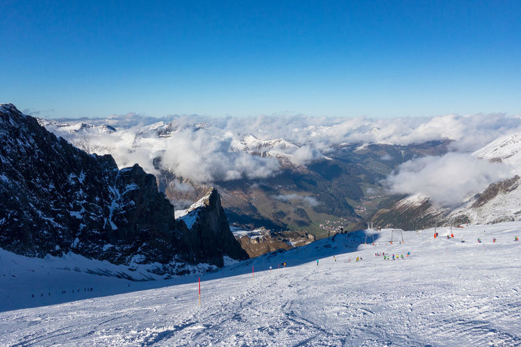 Scenic view of austrian ski region hintertux glacier in the region of tyrol against clear blue sky