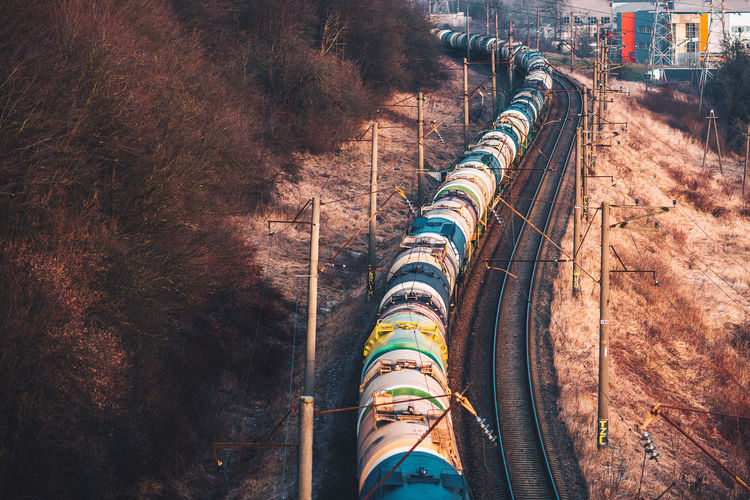 High angle view of freight train on railroad track