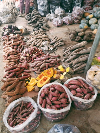 High angle view of multi colored vegetables at market stall