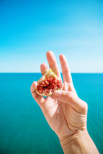 Close-up of hand holding strawberry over sea against blue sky