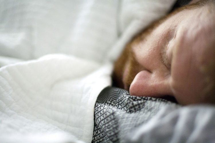 Young man bearded sleeping in bed early morning, headshot closeup with natural light