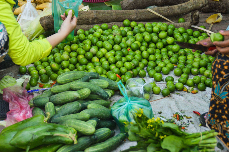 High angle view of person holding vegetables at a local market in luang prabang
