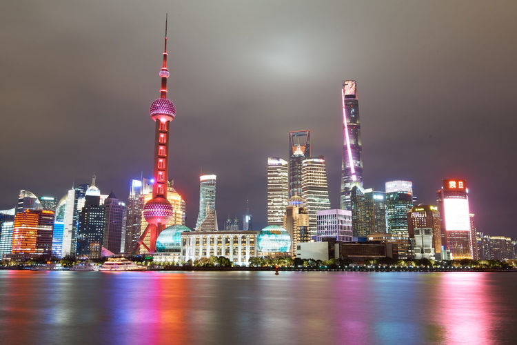 Illuminated buildings at the bund in shanghai