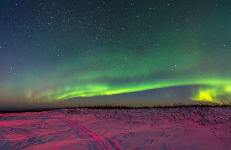 Scenic view of snowcapped field against sky at night