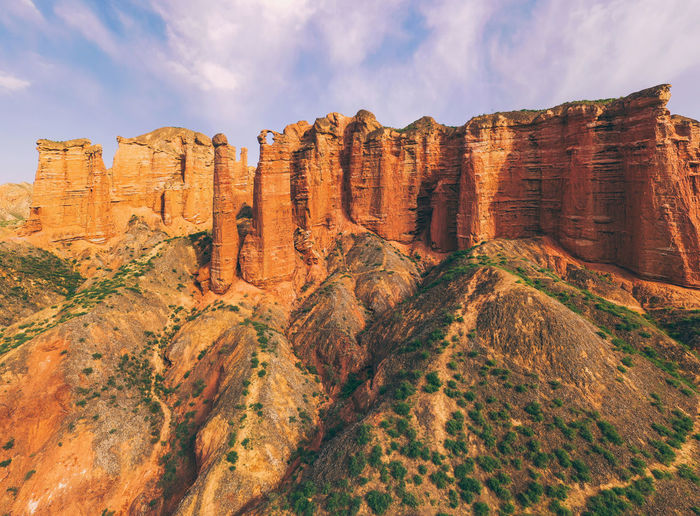 Rock formations on landscape against cloudy sky