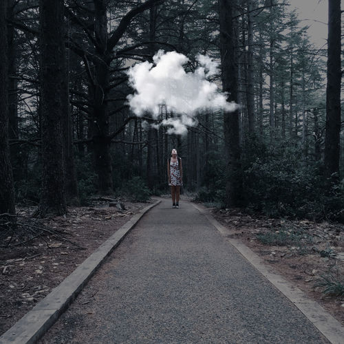 Digital composite image of person standing by trees in forest