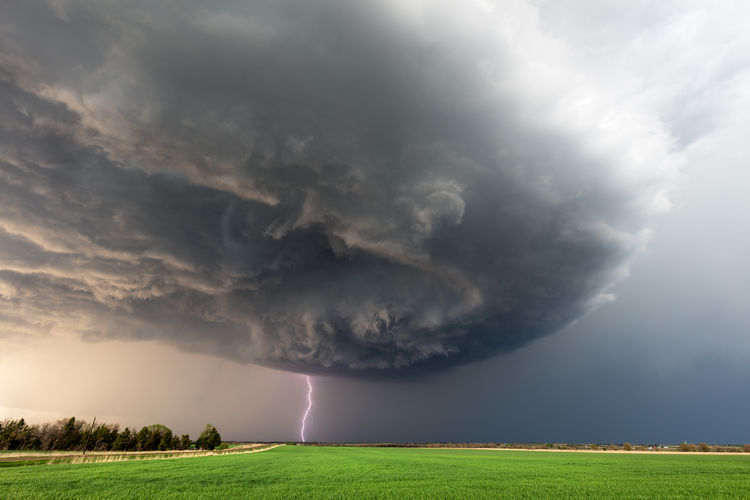 Dramatic storm clouds and lightning from a supercell thunderstorm near herington, kansas