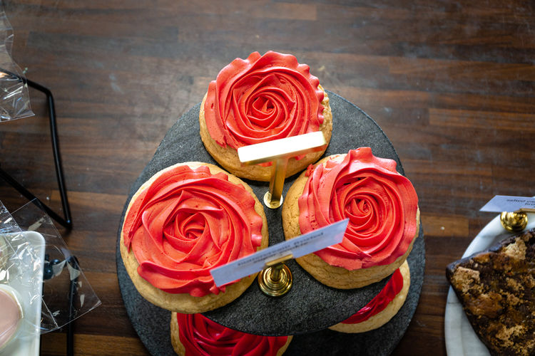 High angle view of roses on table