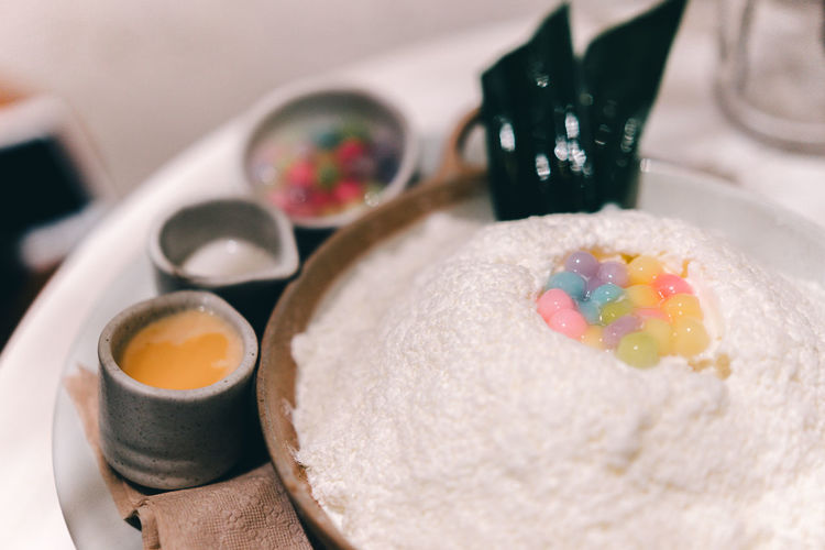 Close-up of breakfast served on table