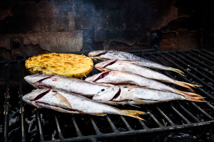 Close-up of fish on barbecue grill