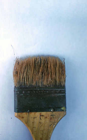 Close-up of paintbrushes on wall against white background