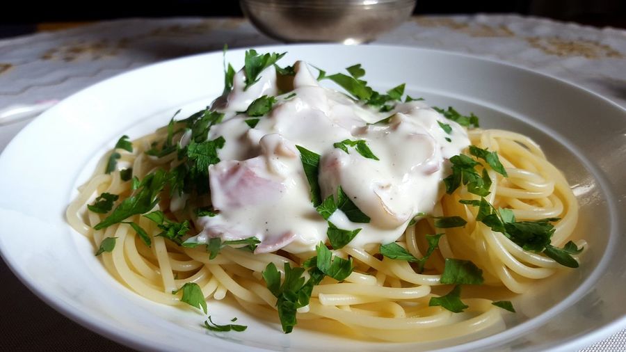 Close-up of carbonara served in plate