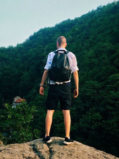 Rear view of man standing on mountain in forest