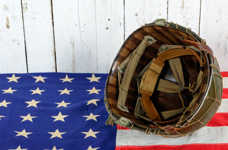 Close-up of helmet on american flag