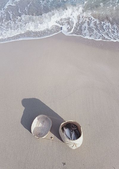 High angle view of text on sand at beach