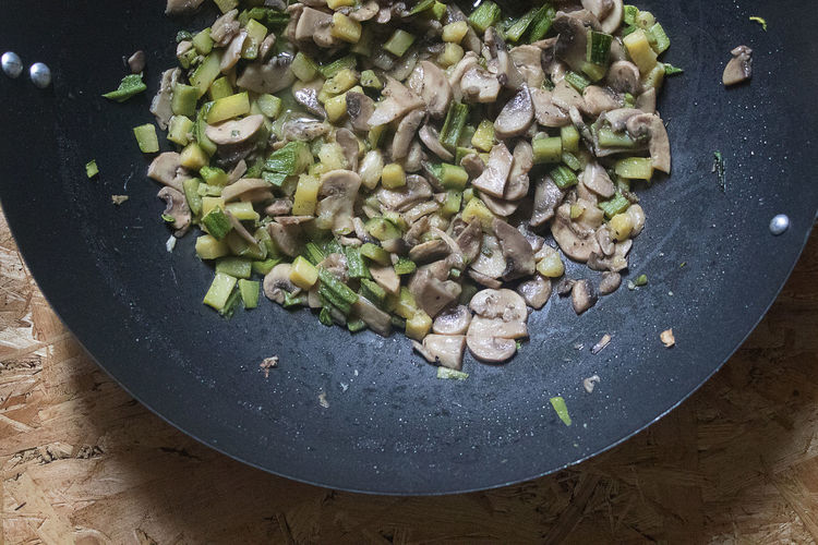 High angle view of mushrooms on table