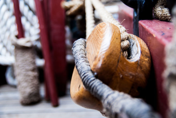 Close-up of rope tied up for sale