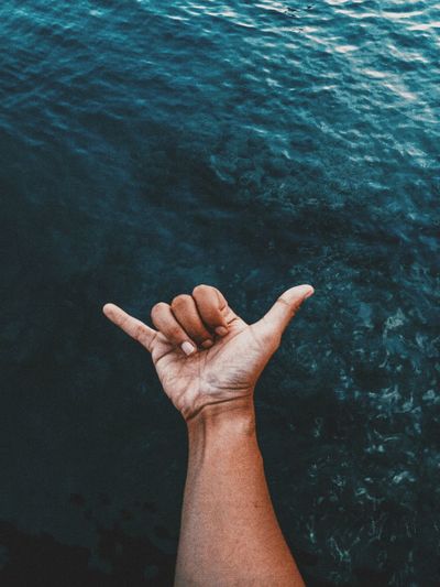 Cropped image of hand gesturing shaka sign against sea