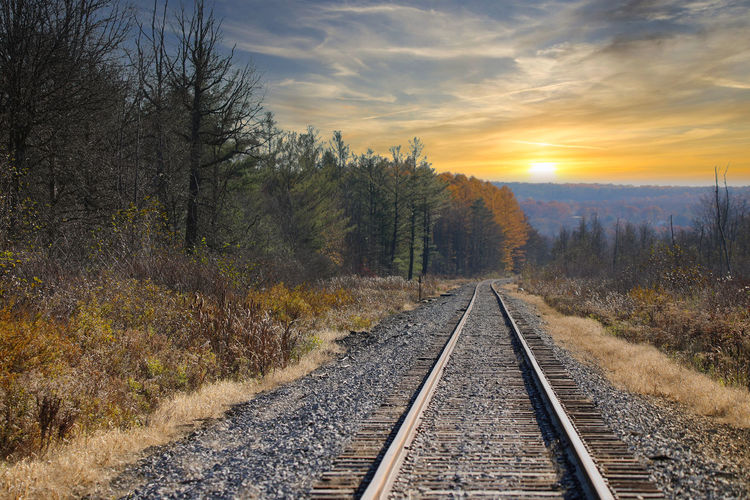 Railroad tracks by trees against sky during sunset