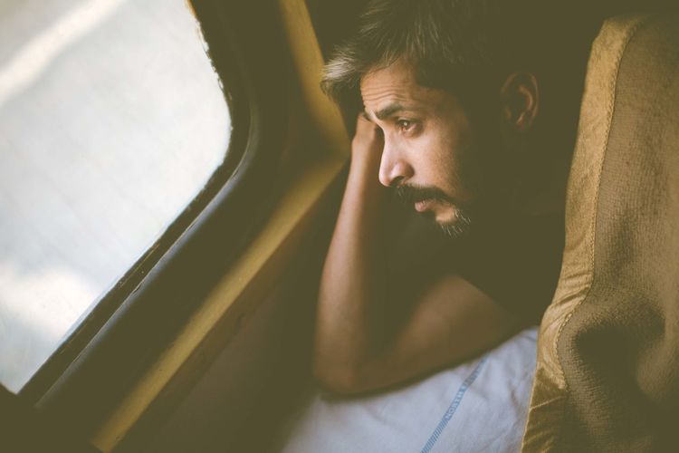 Young man in train
