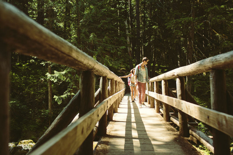Friends walking on footbridge in forest