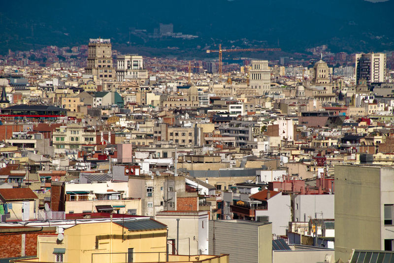 High angle view of townscape against sky, barcelona 