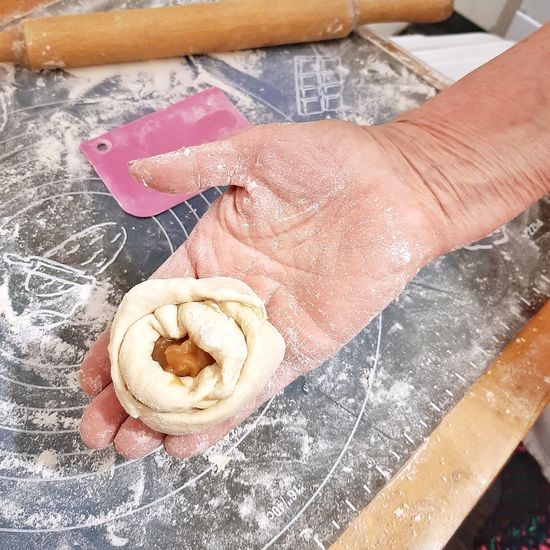 High angle view of person preparing food