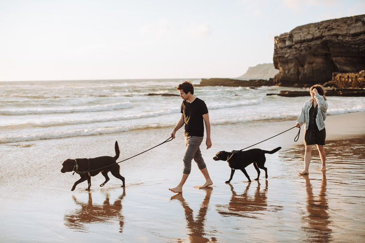 Couple with dogs walking at beach, romantic getaway in portugal
