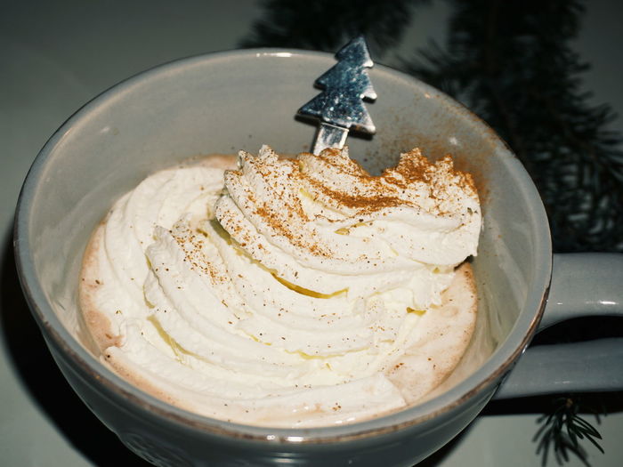 High angle view of hot chocolate with whipped cream in cup