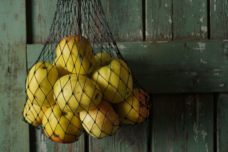 Close-up of fruits hanging on wood against wall
