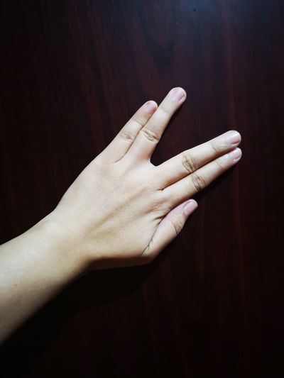High angle view of hand gesturing on table