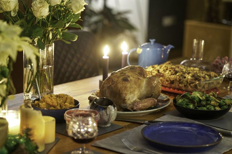 Close-up of christmas dinner on table