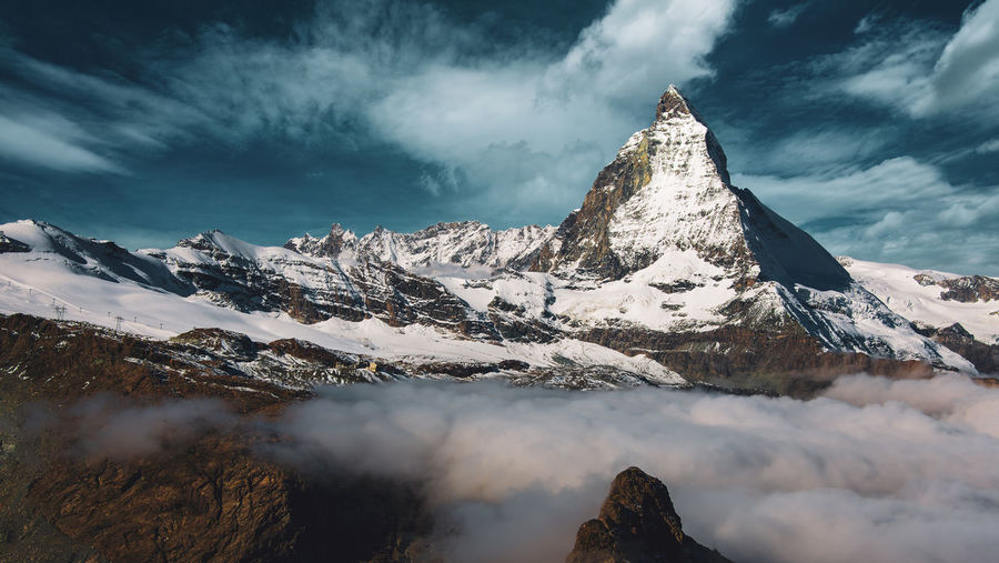 Panoramic view of the matterhorn, typical cloud formation.