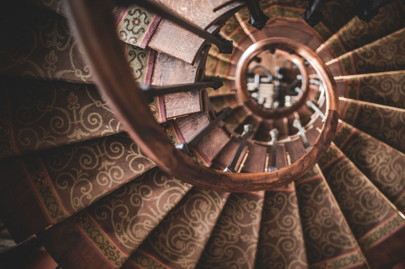 High angle view of spiral staircase in old building