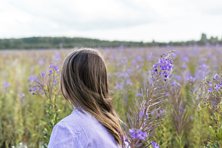 Rear view of young blond woman walking in meadow among flowers of fireweed, beauty in nature 