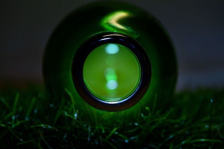 Close-up of green bottle on grass