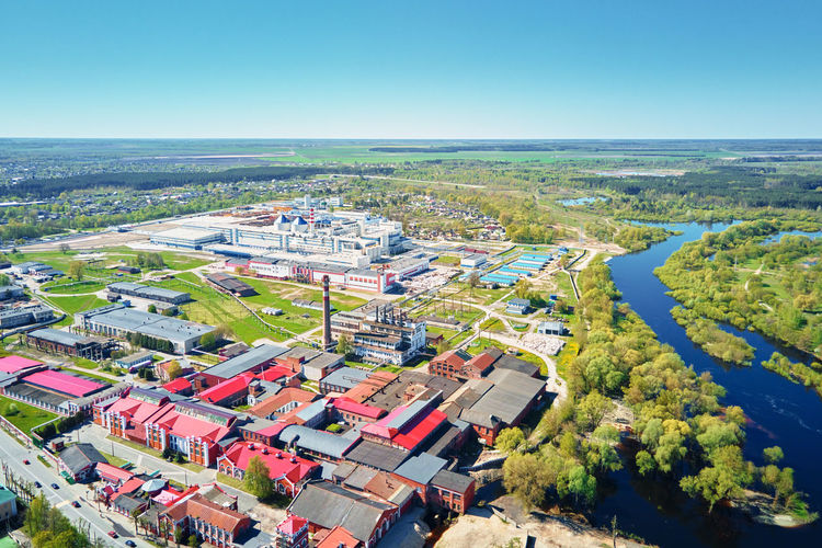 Moder paper factory aerial view. industrial plant in summer day. city landscape