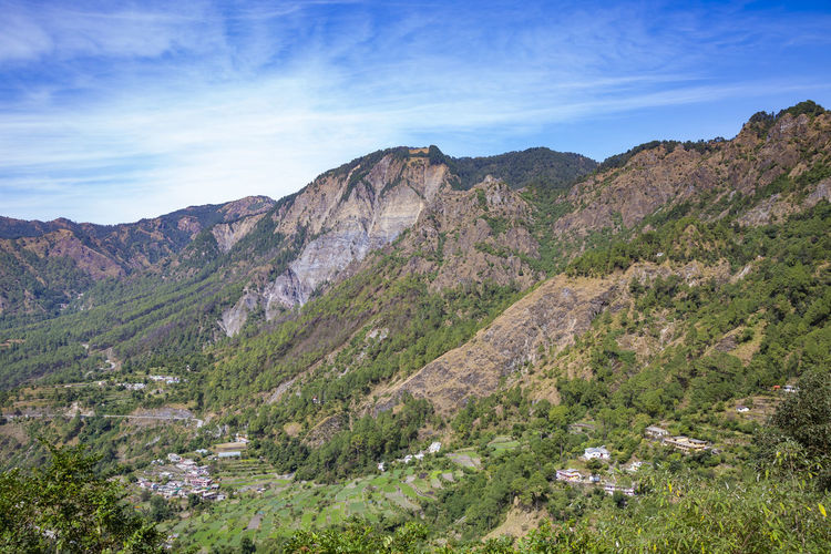 High angle view of landscape and mountains against sky