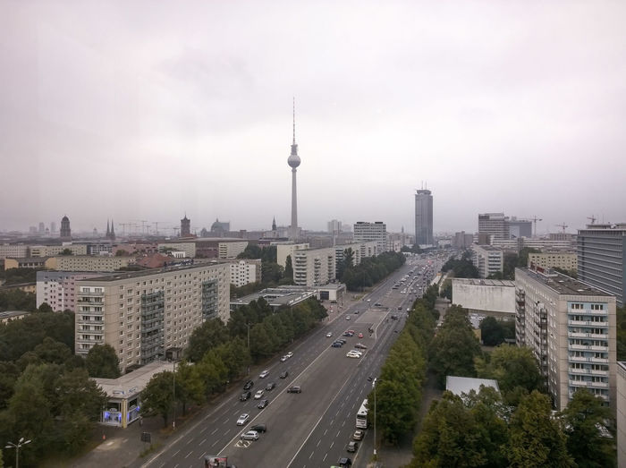 Distant view of fernsehturm against clear sky