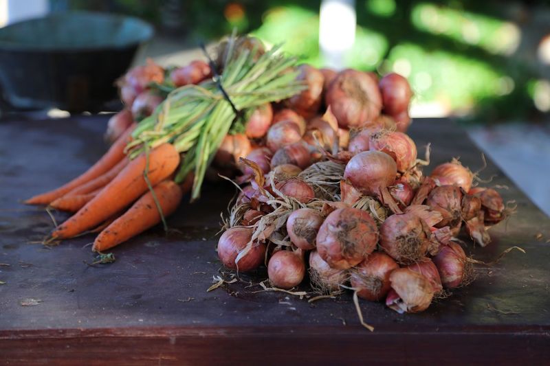 Close-up of fresh root vegetables on table