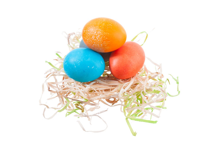 High angle view of easter eggs against white background
