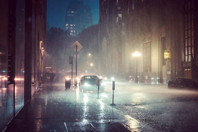 City street at night during rainy season